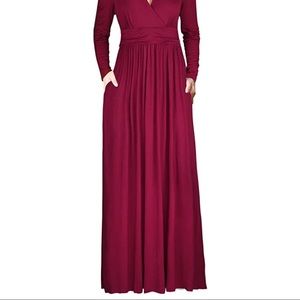OUGES - Maxi Dress, V-Neck, Long Sleeve, Wine Red